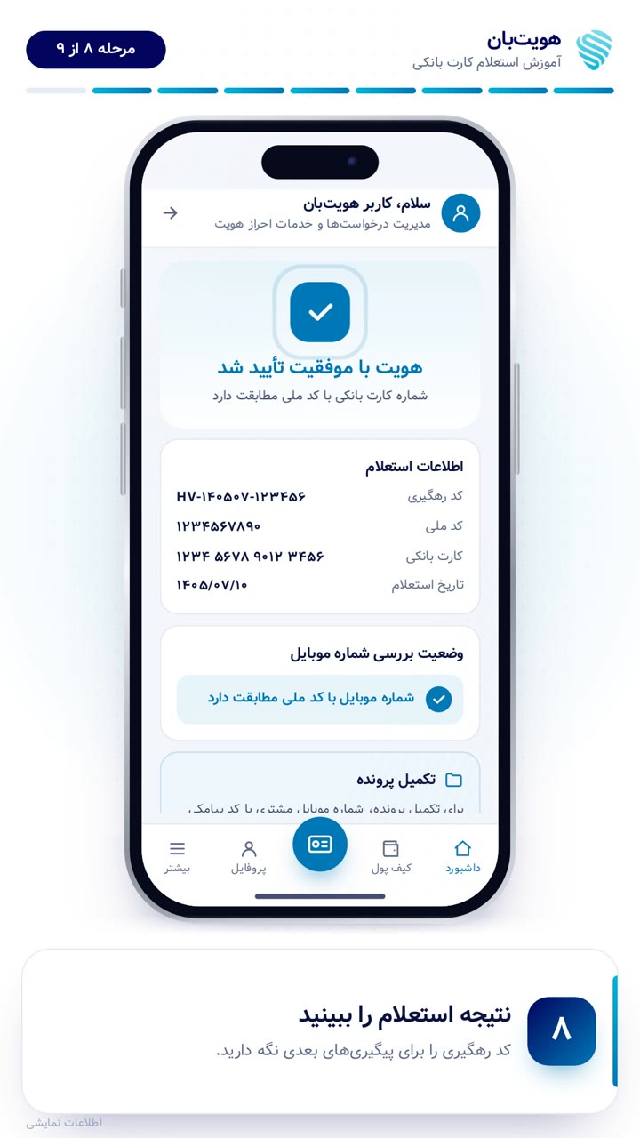 نتیجه‌ی استعلام تطابق کارت ملی و شماره کارت همراه با کد رهگیری